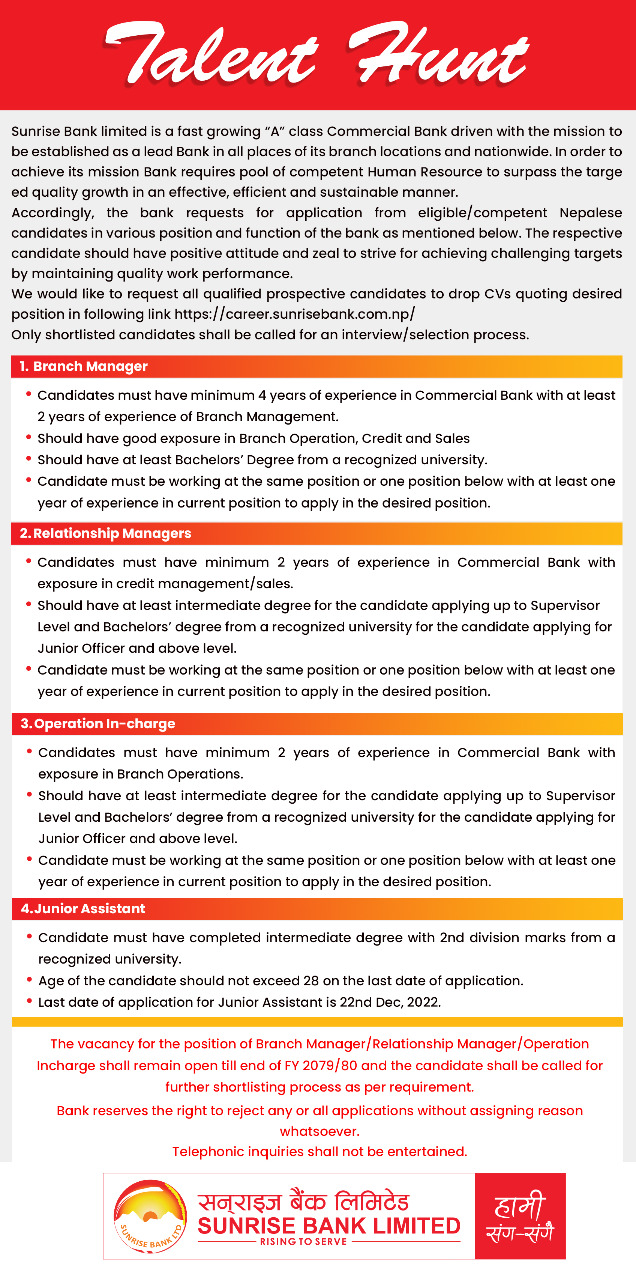 Job Vacancy offer  in Sunrise Bank Assistant to Branch Manager